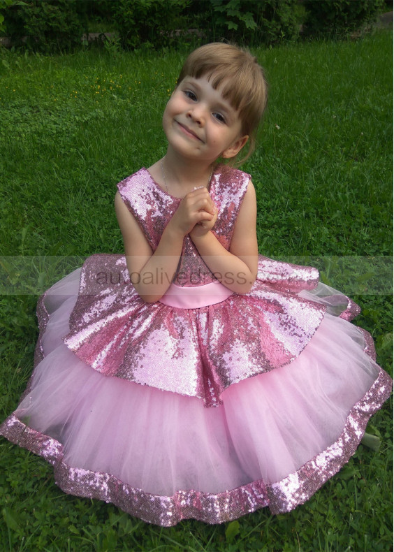 Rose Pink Sequin Tulle Peplum Flower Girl Dress